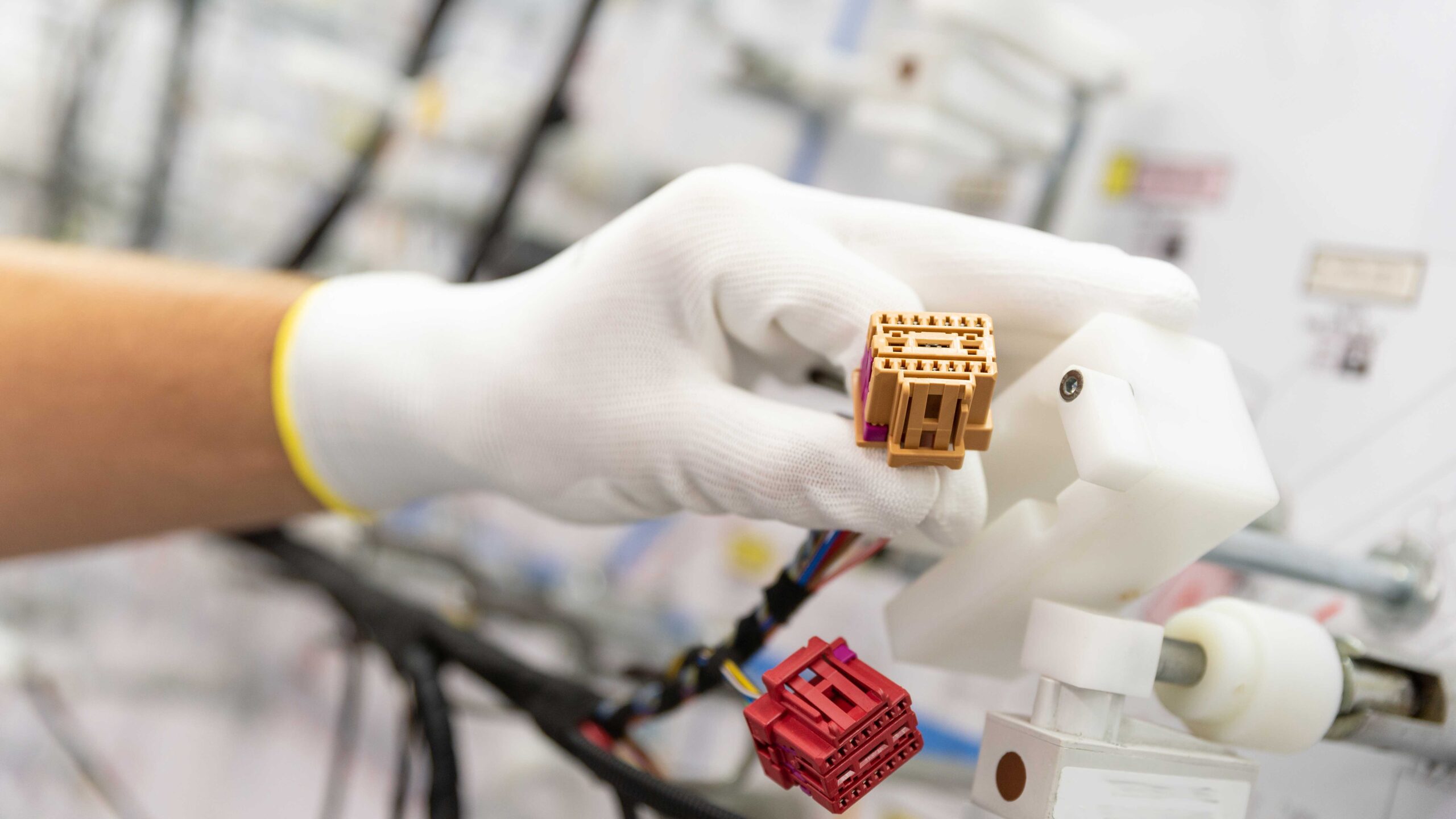 Technician holding electrical cable harness for inspection.