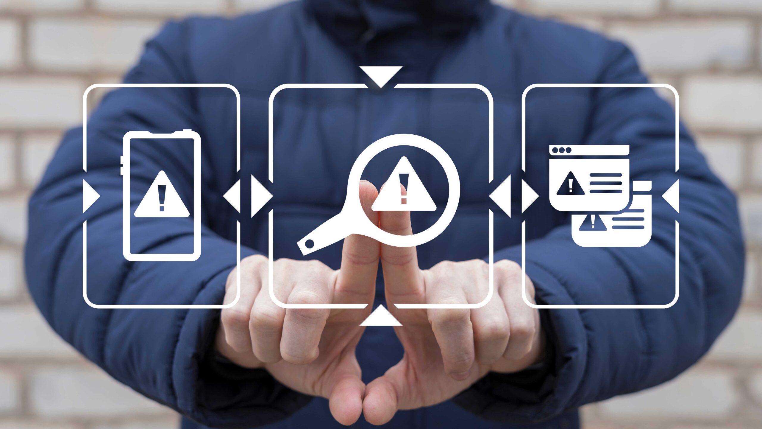 Person interacting with a digital interface displaying error and diagnostic icons.