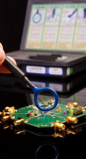 Nearfield EMC probe testing an electronic circuit board.