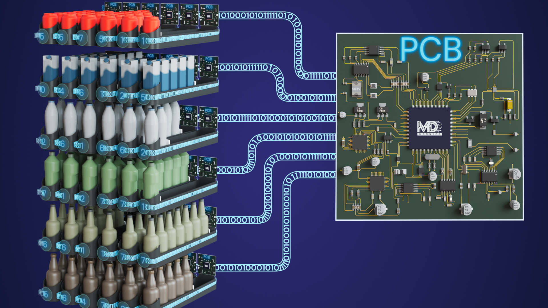 mutiple rows of bottles for a fridge, data connected to PCB