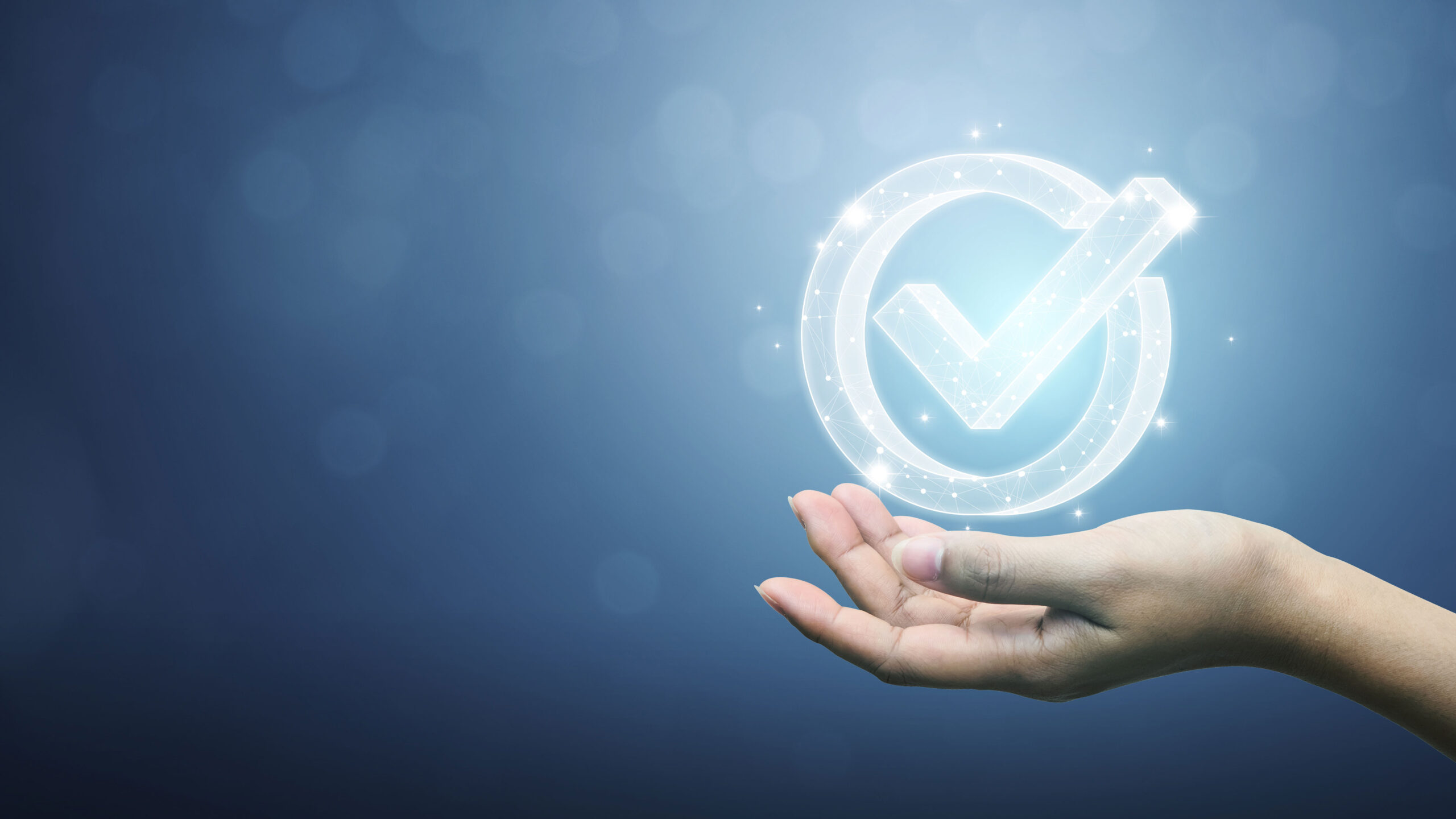 Hand holding digital checkmark icon representing validation.
