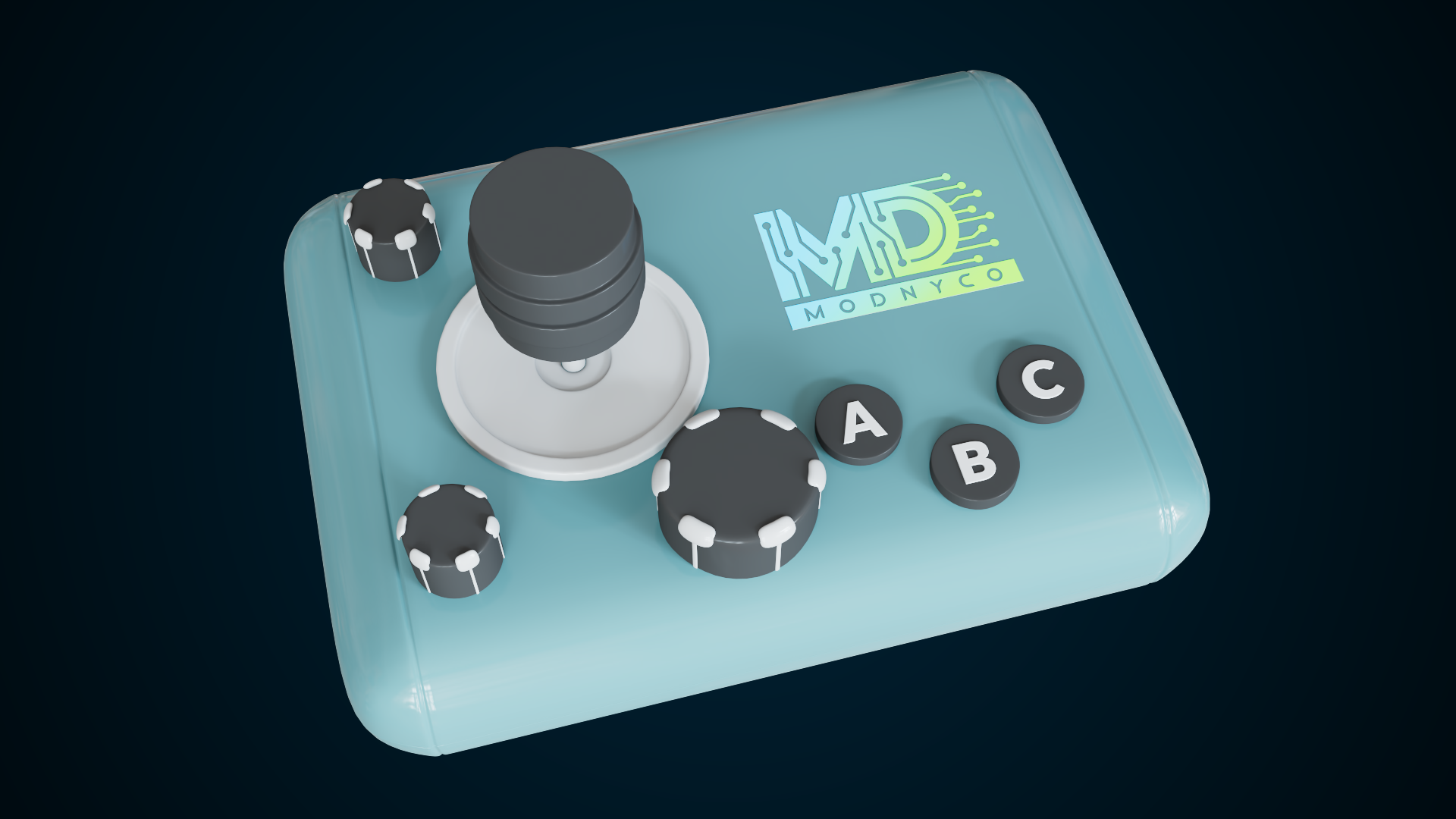 Bespoke joystick PCB with calibration knobs and control buttons.